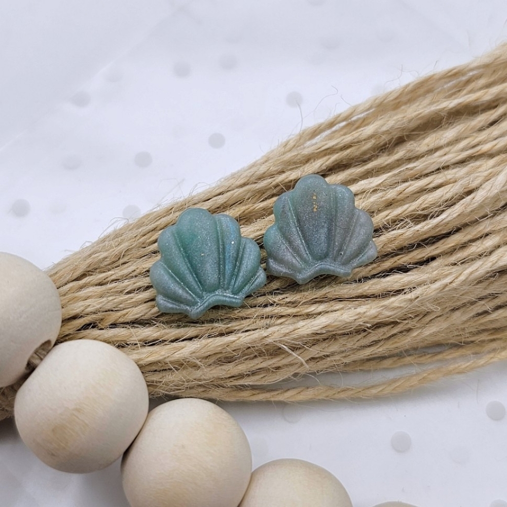 Blue Translucent Seashell Embossed Stud Earrings Handmade Summer Vacation Beachy